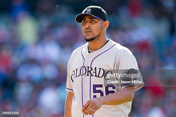 Starting pitcher Franklin Morales of the Colorado Rockies leaves the game after giving up a two run home run during the sixth inning against the...
