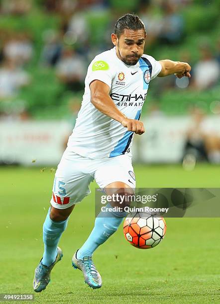 David Williams of City kicks during the round four A-League match between Melbourne City FC and Newcastle Jets at AAMI Park on October 30, 2015 in...