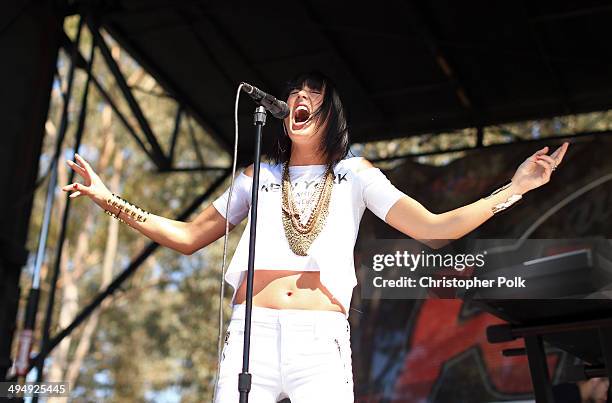 Sarah Barthel of Phantogram peforms onstage during the 22nd Annual KROQ Weenie Roast at Verizon Wireless Music Center on May 31, 2014 in Irvine,...