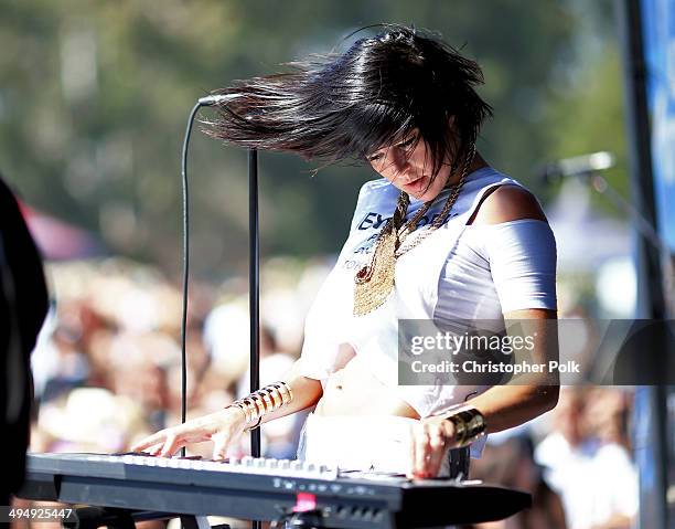 Sarah Barthel of Phantogram peforms onstage during the 22nd Annual KROQ Weenie Roast at Verizon Wireless Music Center on May 31, 2014 in Irvine,...