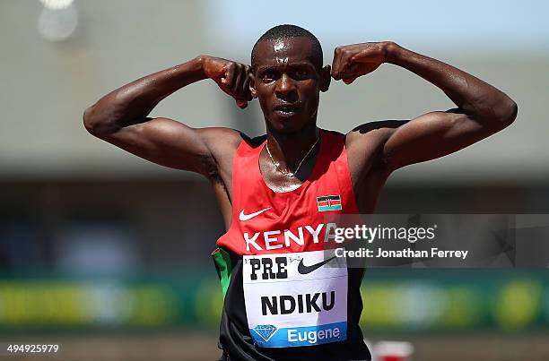 Caleb Mwangangl Ndiku of Kenya celebrates his victory in the 5000m during day 2 of the IAAF Diamond League Nike Prefontaine Classic on May 31, 2014...