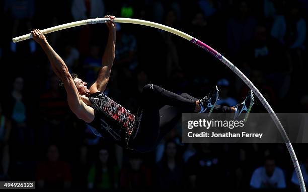 Brad Walker of the United States competes in the pole vault during day 2 of the IAAF Diamond League Nike Prefontaine Classic on May 31, 2014 at the...