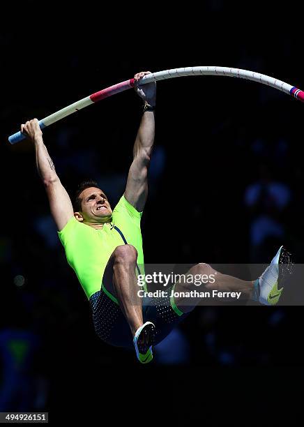 Renaud Lavillenie of France competes in the pole vault during day 2 of the IAAF Diamond League Nike Prefontaine Classic on May 31, 2014 at the...