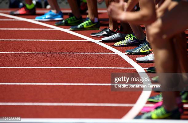 Runners prepare to compete in the International Mile during day 2 of the IAAF Diamond League Nike Prefontaine Classic on May 31, 2014 at the Hayward...