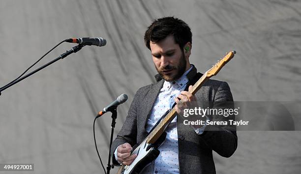 Lead Guitarist Barry McKenna of Twin Atlantic plays the guitar during the Kings of Leon Tour at St. James' Park on May 31 in Newcastle upon Tyne,...