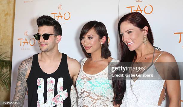 Dancers Mark Ballas, Cheryl Burke and Sharna Burgess arrive at a birthday celebration hosted by Cheryl Burke at the Tao Beach at The Venetian Las...