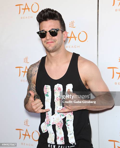 Dancer Mark Ballas arrives at a birthday celebration hosted by Cheryl Burke at the Tao Beach at The Venetian Las Vegas on May 31, 2014 in Las Vegas,...