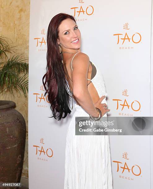 Dancer Sharna Burgess arrives at a birthday celebration hosted by Cheryl Burke at the Tao Beach at The Venetian Las Vegas on May 31, 2014 in Las...