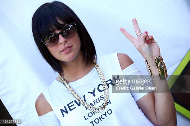 Musician Sarah Barthel of Phantogram poses backstage during the 22nd Annual KROQ Weenie Roast at Verizon Wireless Music Center on May 31, 2014 in...
