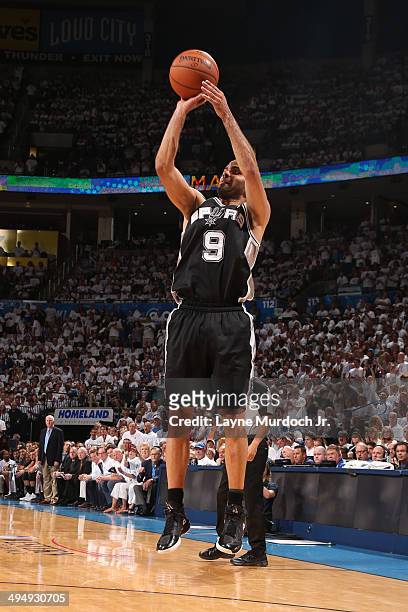 Tony Parker of the San Antonio Spurs takes a shot against the Oklahoma City Thunder in Game Six of the Western Conference Finals during the 2014 NBA...