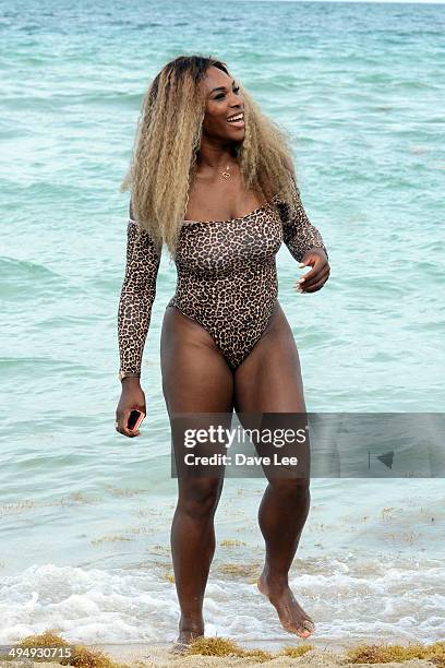 Serena Williams is seen on the beach at the Soho Beach Hotel on May 31, 2014 in Miami, Florida.
