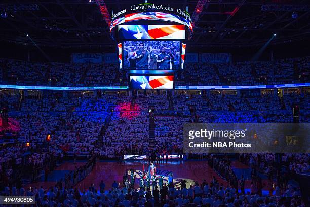 The National Anthem is sung before Game Six of the Western Conference Finals between the Oklahoma City Thunder and the San Antonio Spurs during the...