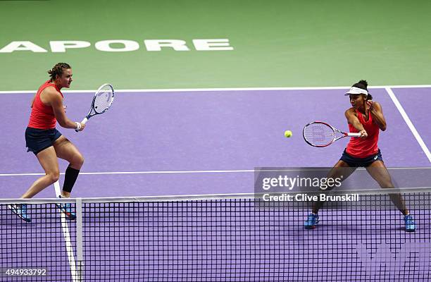 Abigail Spears and Raquel Kops-Jones of the USA in action against Andrea Hlavackova and Lucie Hradecka of Czech Republic during the BNP Paribas WTA...