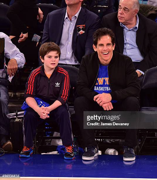 Ben Stiller and Quinlin Dempsey Stiller attend the Atlanta Hawks vs New York Knicks game at Madison Square Garden on October 29, 2015 in New York...