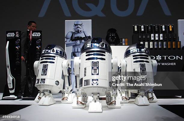 Haier's R2-D2 refrigerators are displayed during the sales launching event on October 29, 2015 in Tokyo, Japan. The fridge can cool three 500ml...