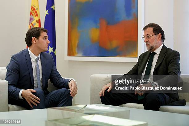 Spanish Prime Minister Mariano Rajoy meets Ciudadanos party leader Albert Rivera at Moncloa Palace on October 30, 2015 in Madrid, Spain. Rajoy is...