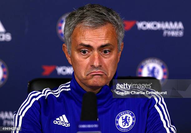 Chelsea manager Jose Mourinho chats to the media during a press conference at the Cobham training ground on October 30, 2015 in Cobham, England.