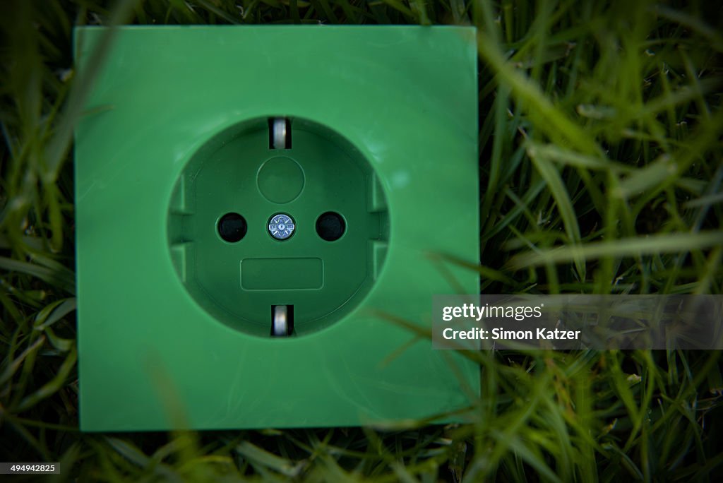 Green electrical outlet in green grass