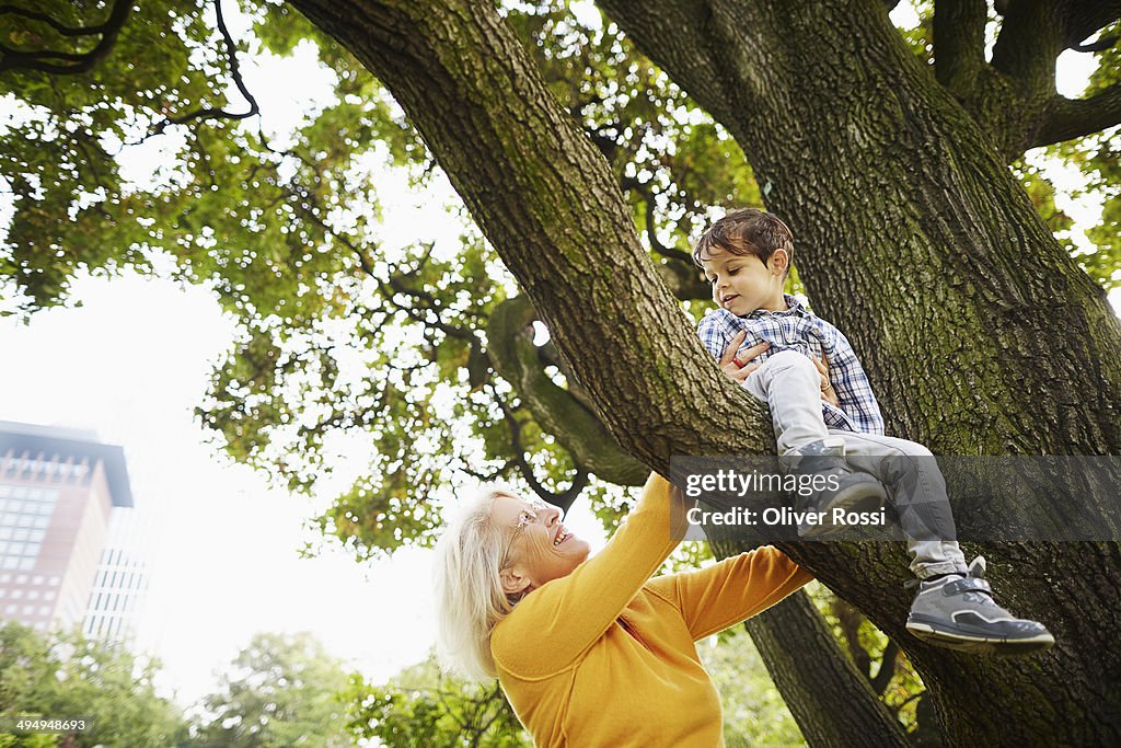 Grandmother playing with grandson in tree