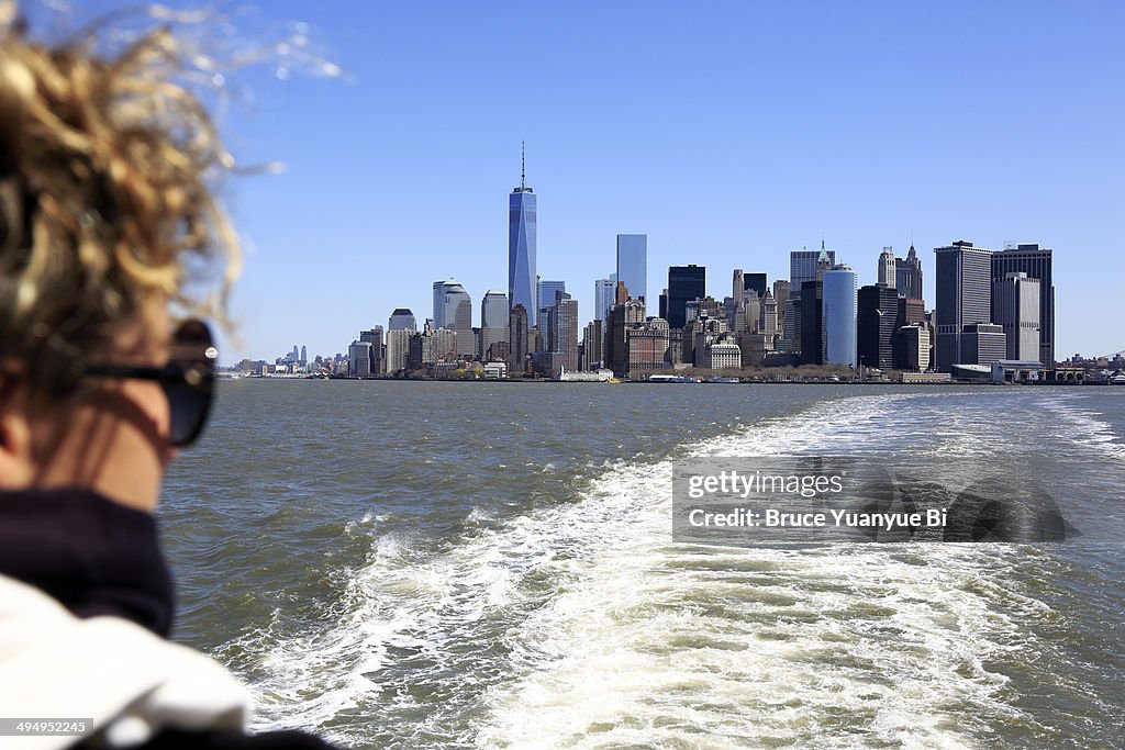 View of skyline of Lower Manhattan from a ferry