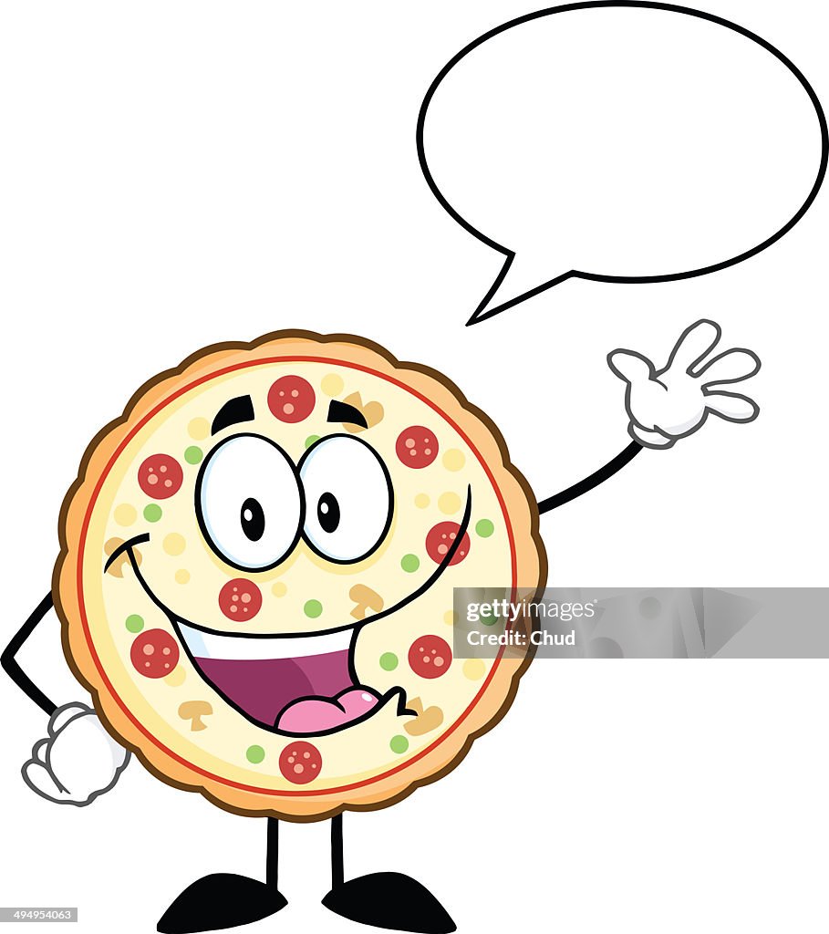 Funny Pizza Waving With Speech Bubble