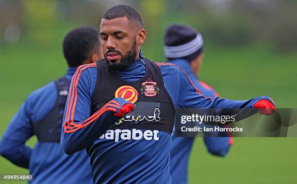 Yann M'Vila during a Sunderland training session at the Academy of Light on October 30, 2015 in Sunderland, England.