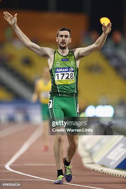 Michael McKillop of Ireland celebrates winning the men's 1500m T37 final during the Evening Session on Day Nine of the IPC Athletics World...