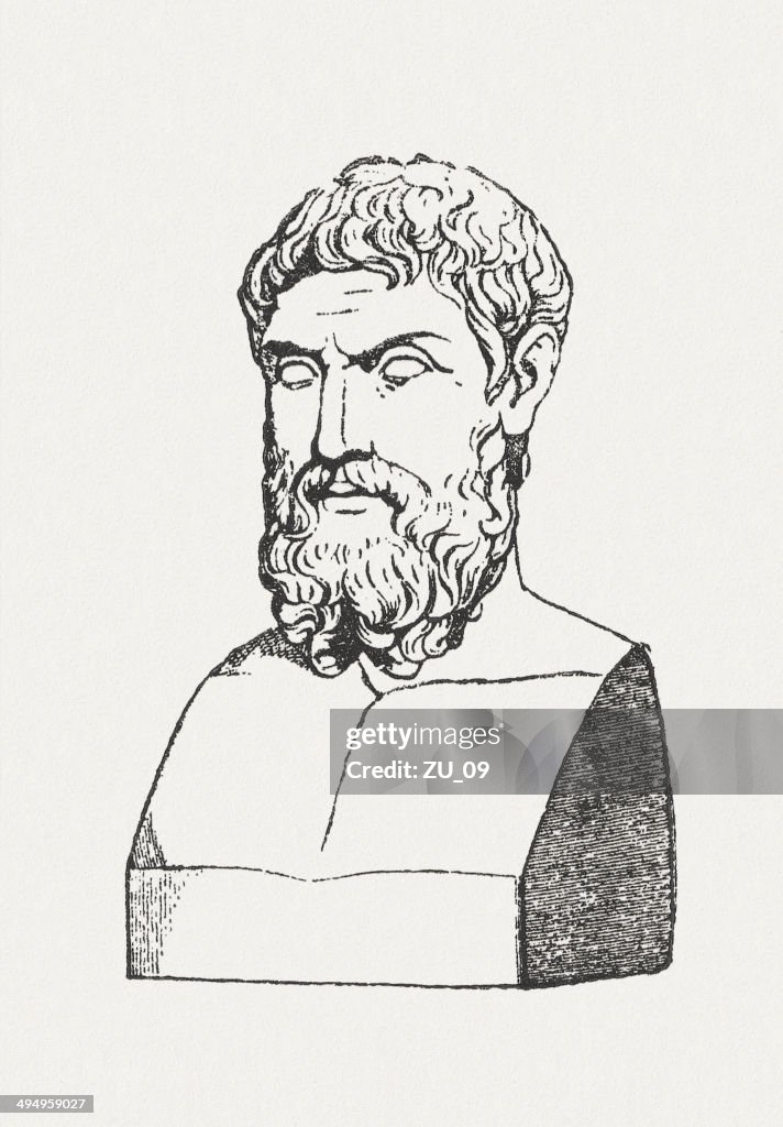 Epicurus (c.341-271/270 BC), Greek philosopher, wood engraving, published in 1881