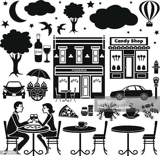 ilustrações de stock, clip art, desenhos animados e ícones de elementos de design com um café ao ar livre à noite tema - parking meter