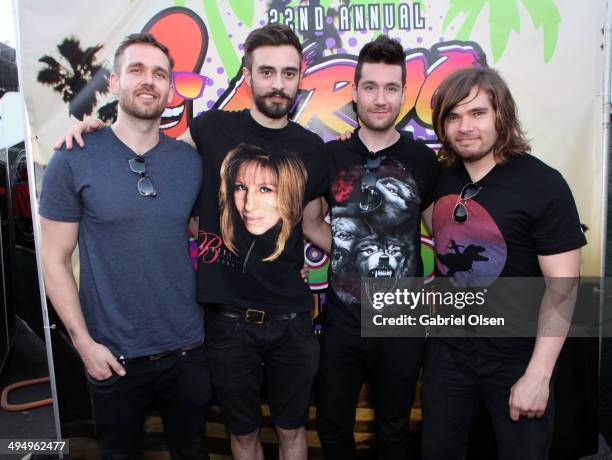 Musicians Will Farquarson, Kyle Simmons, Dan Smith and Chris "Woody" Wood of Bastille pose backstage during the 22nd Annual KROQ Weenie Roast at...