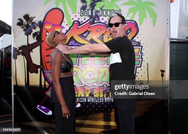 Musicians Noelle Scaggs and Michael Fitzpatrick pose backstage during the 22nd Annual KROQ Weenie Roast at Verizon Wireless Music Center on May 31,...