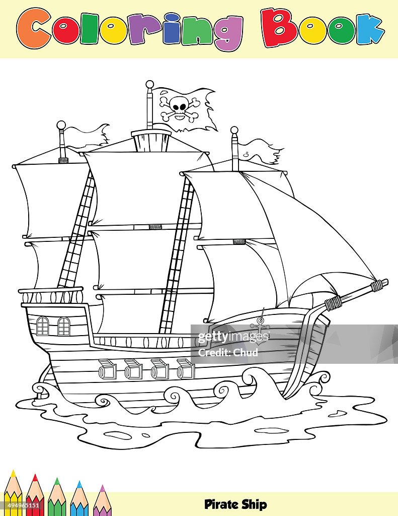 Pirate ship coloring book page