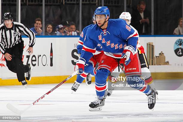 Emerson Etem of the New York Rangers skates against the Calgary Flames at Madison Square Garden on October 25, 2015 in New York City. The New York...