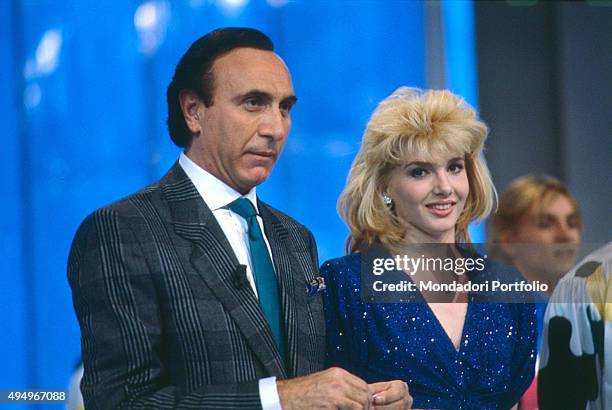 Italian TV presenter Pippo Baudo and the showgirl Lorella Cuccarini in the Tv show 'Fantastico 7' broadcasted by Raiuno. Rome , 1986