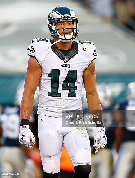 Riley Cooper of the Philadelphia Eagles in action against the Dallas Cowboys during the second quarter of a football game at Lincoln Financial Field...