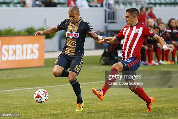 Fred Da Silva of Philadelphia Union and Leandro Barrera of Chivas USA in action at StubHub Center on May 31, 2014 in Los Angeles, California.