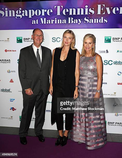 Of the WTA Steve Simon, Maria Sharapova and WTA President Micky Lawler attend Singapore Tennis Evening at Marina Bay Sands on October 30, 2015 in...