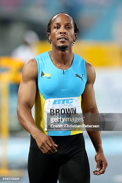 Chris Brown of the Bahamas reacts after finishing in second place in the Men's 4x400 metres relay final during day two of the IAAF World Relays at...
