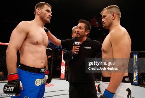 Opponents Stipe Miocic and Fabio Maldonado face off before their heavyweight fight during the UFC Fight Night event at the Ginasio do Ibirapuera on...