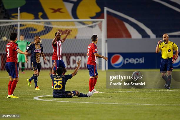 Sheanon Williams of Philadelphia Union calls for the referee against Martin Rivero of Chivas USA in the second half at StubHub Center on May 31, 2014...