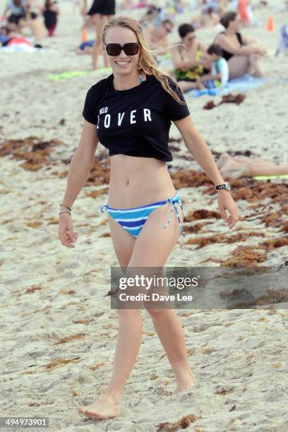 Caroline Wozniacki is seen on Miami Beach on May 31, 2014 in Miami, Florida.