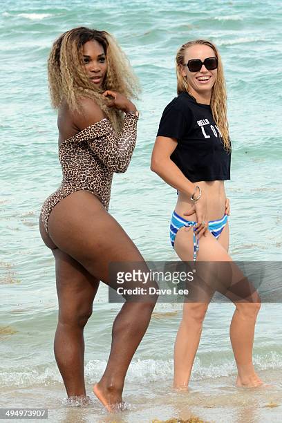 Serena Williams and Caroline Wozniacki are seen on Miami Beach on May 31, 2014 in Miami, Florida.