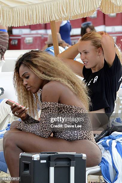 Serena Williams and Caroline Wozniacki are seen on Miami Beach on May 31, 2014 in Miami, Florida.