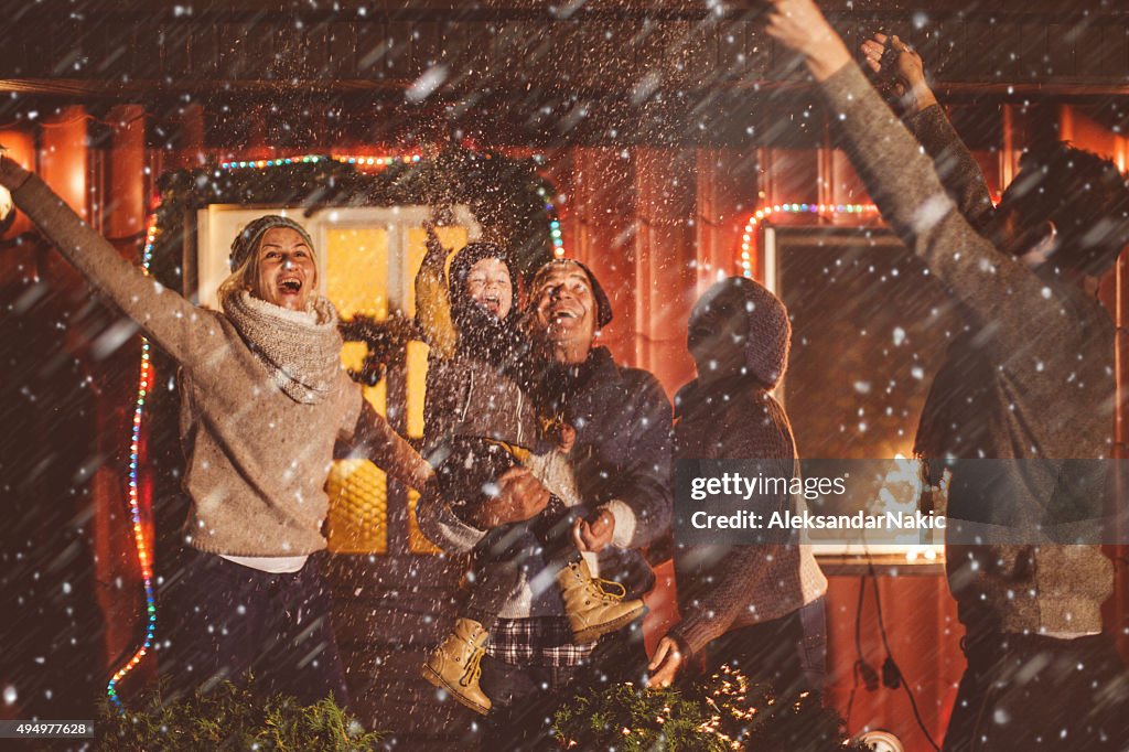 Multi-generation family enjoying a snowy winter day