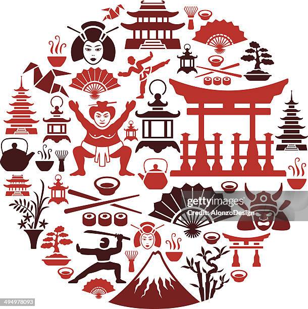 ilustraciones, imágenes clip art, dibujos animados e iconos de stock de collage de japonesa - símbolo religioso