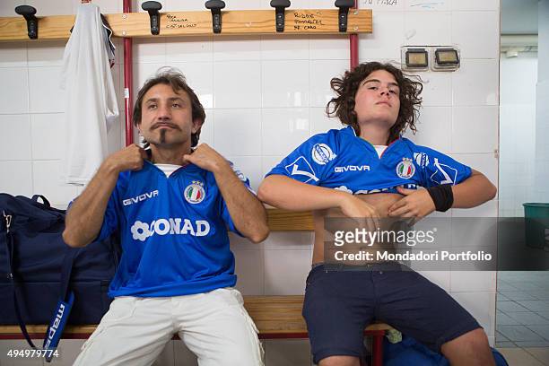 The actors Simone Barbato and Adelmo Blue Fornaciari in the locker room during the Partita del Cuore between the Nazionale Italiana Cantanti and the...