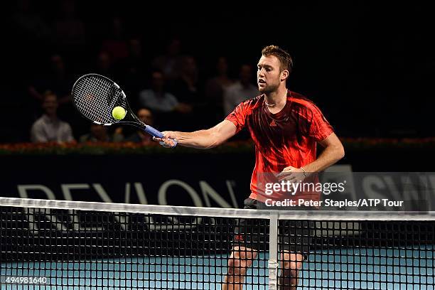 Jack Sock of USA in action in his win against Donald Young of USA at the Swiss Indoors Basel at St. Jakobshalle on October 30, 2015 in Basel,...
