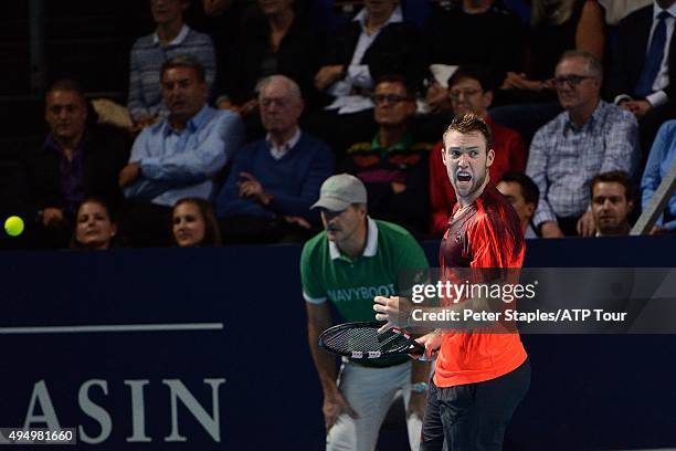 Jack Sock of USA in action in his win against Donald Young of USA at the Swiss Indoors Basel at St. Jakobshalle on October 30, 2015 in Basel,...