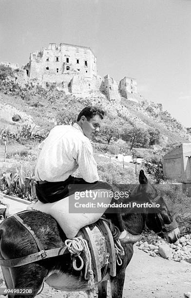 Young paesant sits on the back of a donkey looking sideways at the camera; on the top background is the sight of the Norman castle of Roccella...