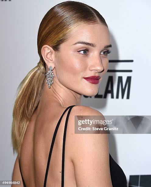 Rosie Huntington-Whiteley arrives at the amfAR's Inspiration Gala Los Angeles at Milk Studios on October 29, 2015 in Hollywood, California.